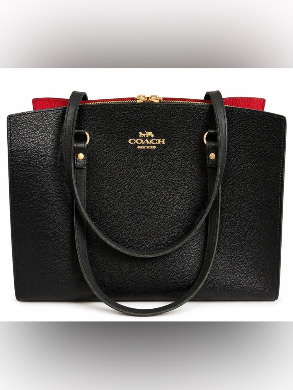 Coach Black Leather Tote with Red Interior Accent - Picture 2 of 14